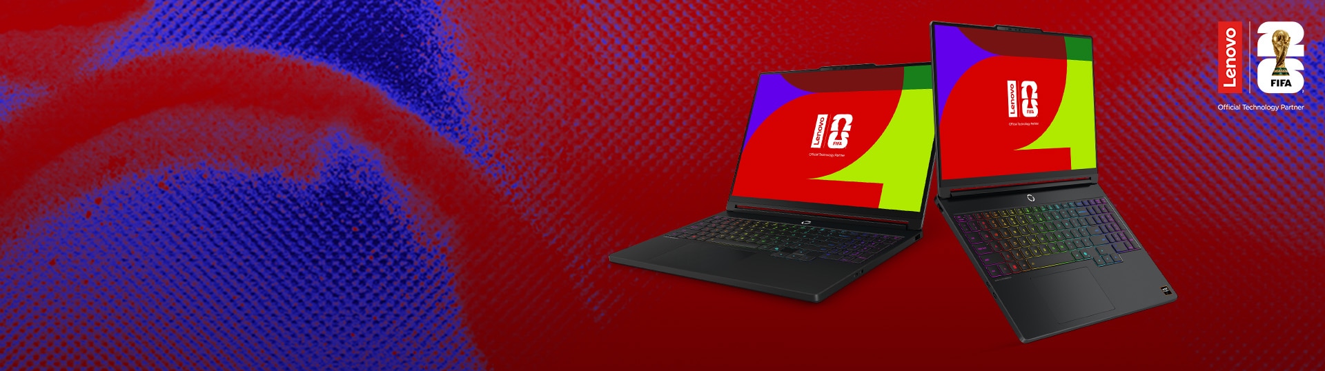 Два игровых ноутбука Lenovo Legion с клавиатурами с RGB-подсветкой стоят рядом; на экранах — логотип Lenovo FIFA.