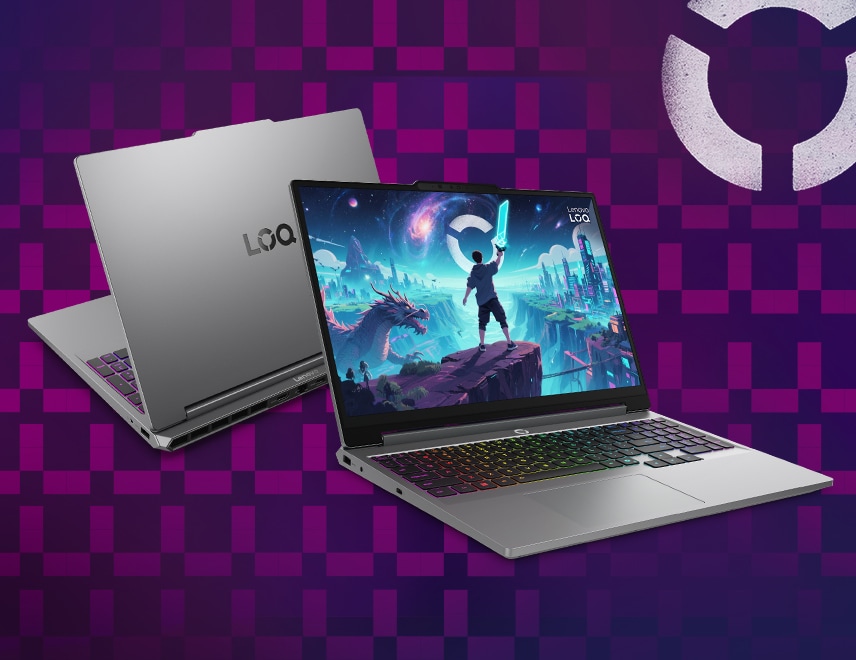 Two silver gaming laptops, one open with a sci-fi game scene and RGB keyboard lighting, from Lenovo LOQ.