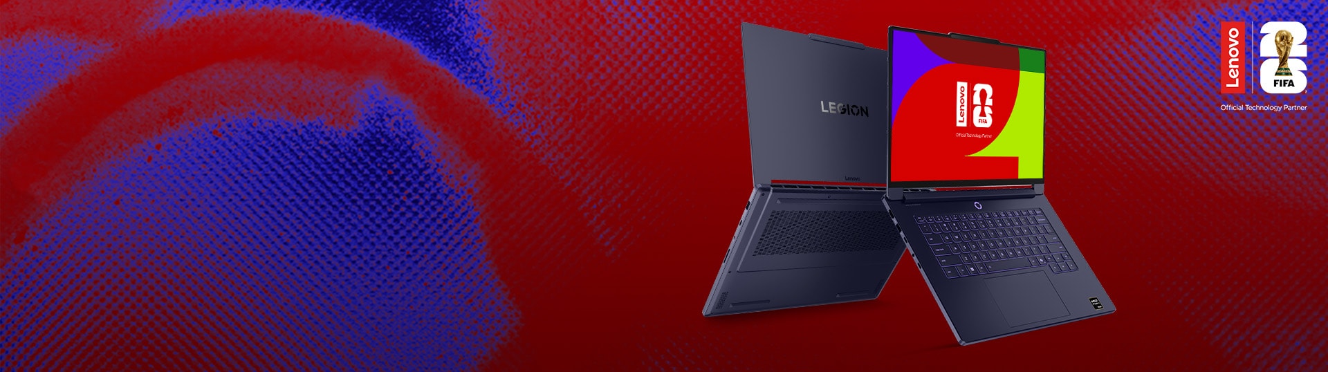 Open and closed gaming laptops on red-blue background; screen shows Lenovo FIFA logo, Lenovo Legion laptops.