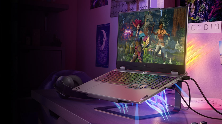 A Lenovo LOQ laptop sitting on a laptop stand on a desk with graphical depictions of heat waves being blown out of the vents.