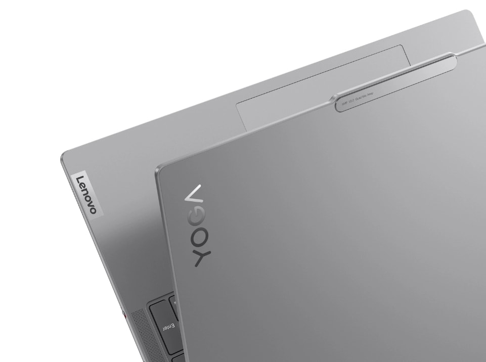 A Lenovo Yoga laptop opened in a V shape