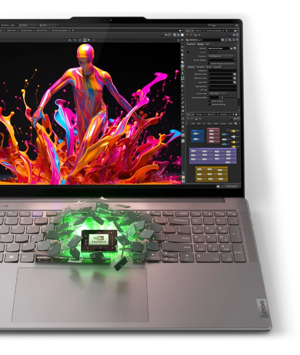 Le Yoga Pro 9i Gen 9 (Intel 16 po), ouvert, avec une puce de marque NVIDIA apparaissant à travers le clavier