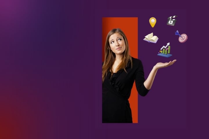 Woman in black juggling colorful icons on a purple gradient background.