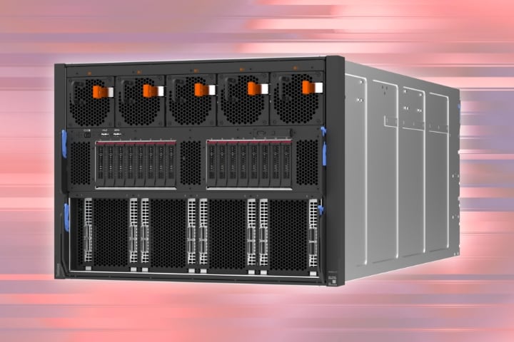  ThinkSystem SR680-4 server rack with cooling fans and drive slots against a blurred red gradient background.