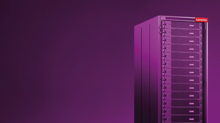 High-density Lenovo server rack against a purple background.