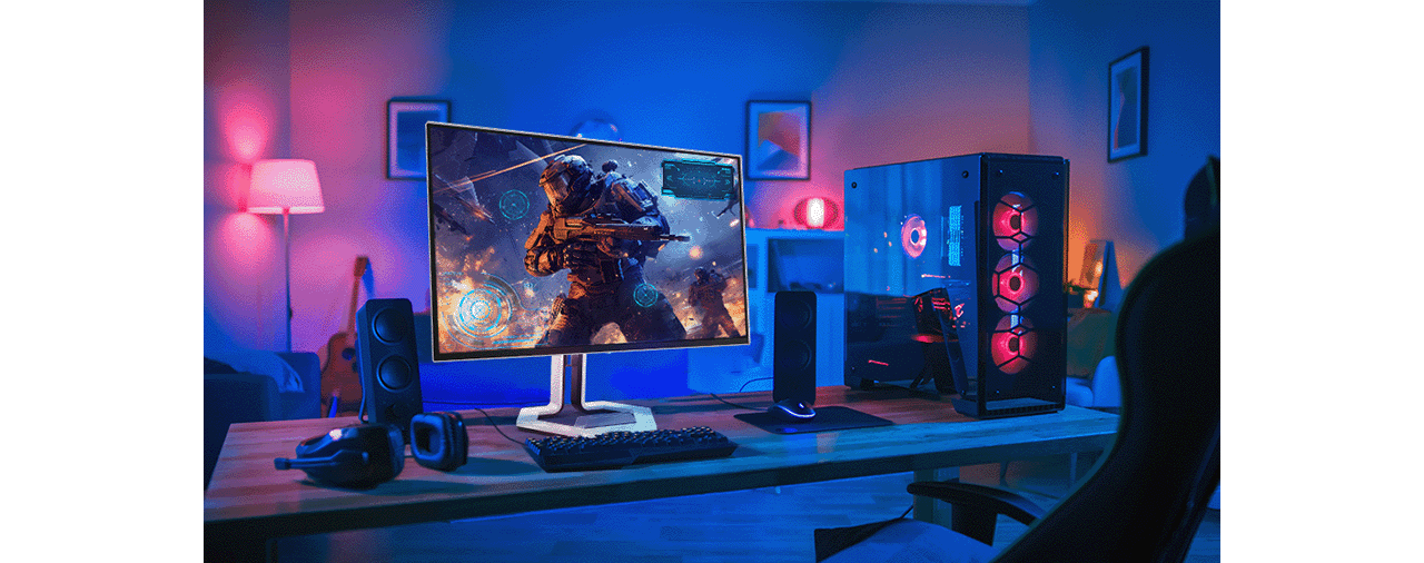 Lifestyle picture showing a monitor of Legion pro 27ud-10 placed in a cozy and stylish gaming room. מסך מחשב גיימינג 26.5 Legion Pro 27UD-10 מבית Lenovo