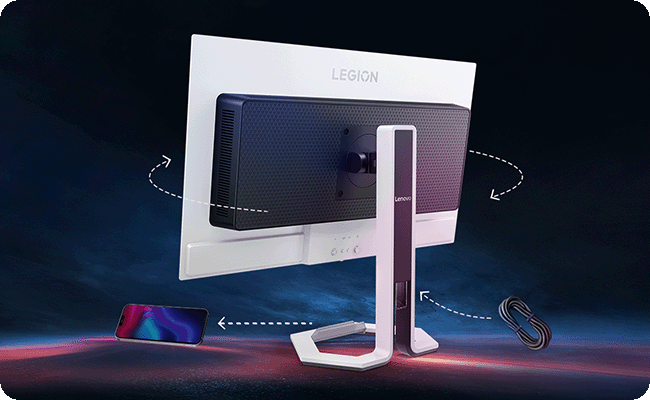 The back view of the monitor displays the phone holder, cable management design and ergonomic feature. מסך מחשב גיימינג 26.5 Legion Pro 27UD-10 מבית Lenovo