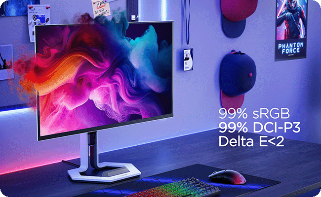 The monitor is placed in a gaming room with the colorful vivid screen-fill picture, showcase the PureSight OLED technology of the Legion Pro-32ud-10 indulges gamers in stunning image quality.