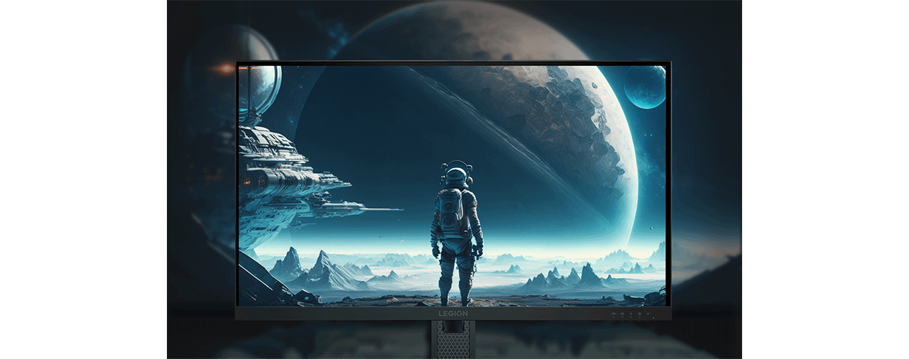 A Legion-25q-10 monitor with screen-fill picture of the space shows the large 27-inch screen with its 2560x1440 QHD resolution.