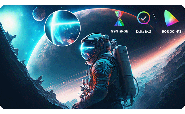 Picture of the colorful galaxy shows the monitor has 99% sRGB and 90% DCI-P3 color space coverage.