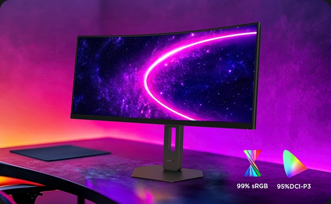 Legion 34w-2c gaming monitor displaying vibrant neon galaxy visuals, featuring 99% sRGB and 95% DCI-P3 color coverage.