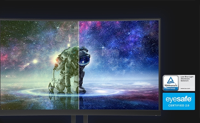 Side-by-side comparison of an astronaut in space on a Legion 34W-2c monitor, highlighting reduced blue light with TÜV Rheinland and Eyesafe 2.0 certifications for eye comfort.