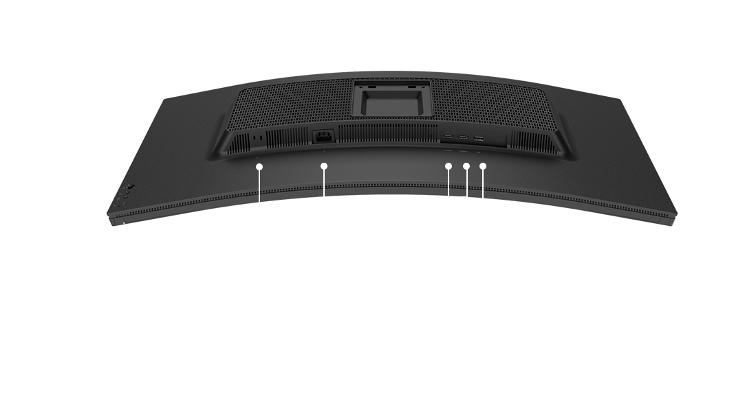 Rear view of a Legion 34w-2c gaming monitor showing the back panel, ventilation grilles, power input, and USB ports.