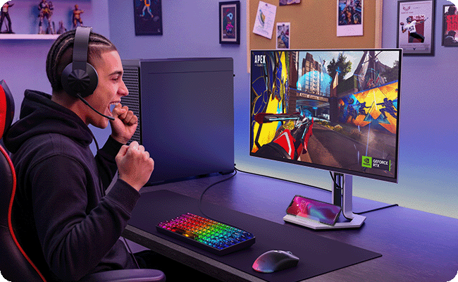 Lifestyle picture shows the Legion-pro27q-10 monitor is designed for the ultimate gaming setup. מסך מחשב גיימינג Legion Pro 27Q-10&nbsp;מבית&nbsp;Lenovo