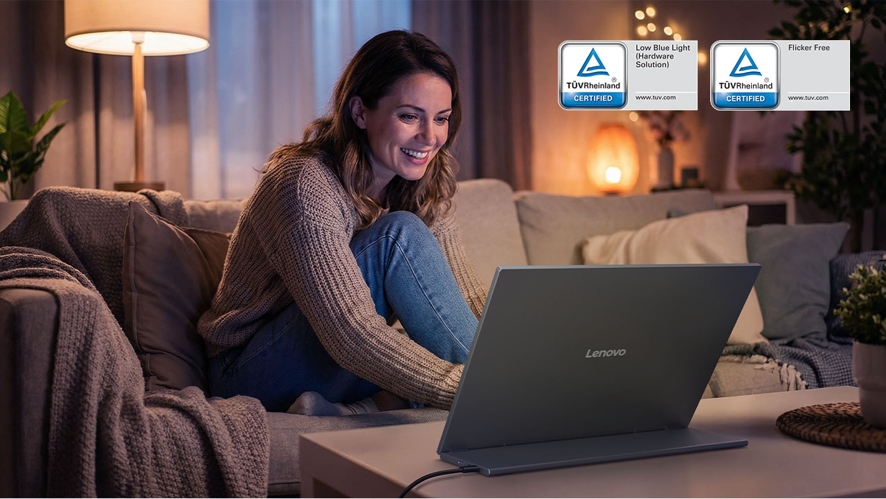 Smiling woman sits on a cozy sofa using a laptop in a warmly lit living room. Two certification logos are displayed on the top right corner.