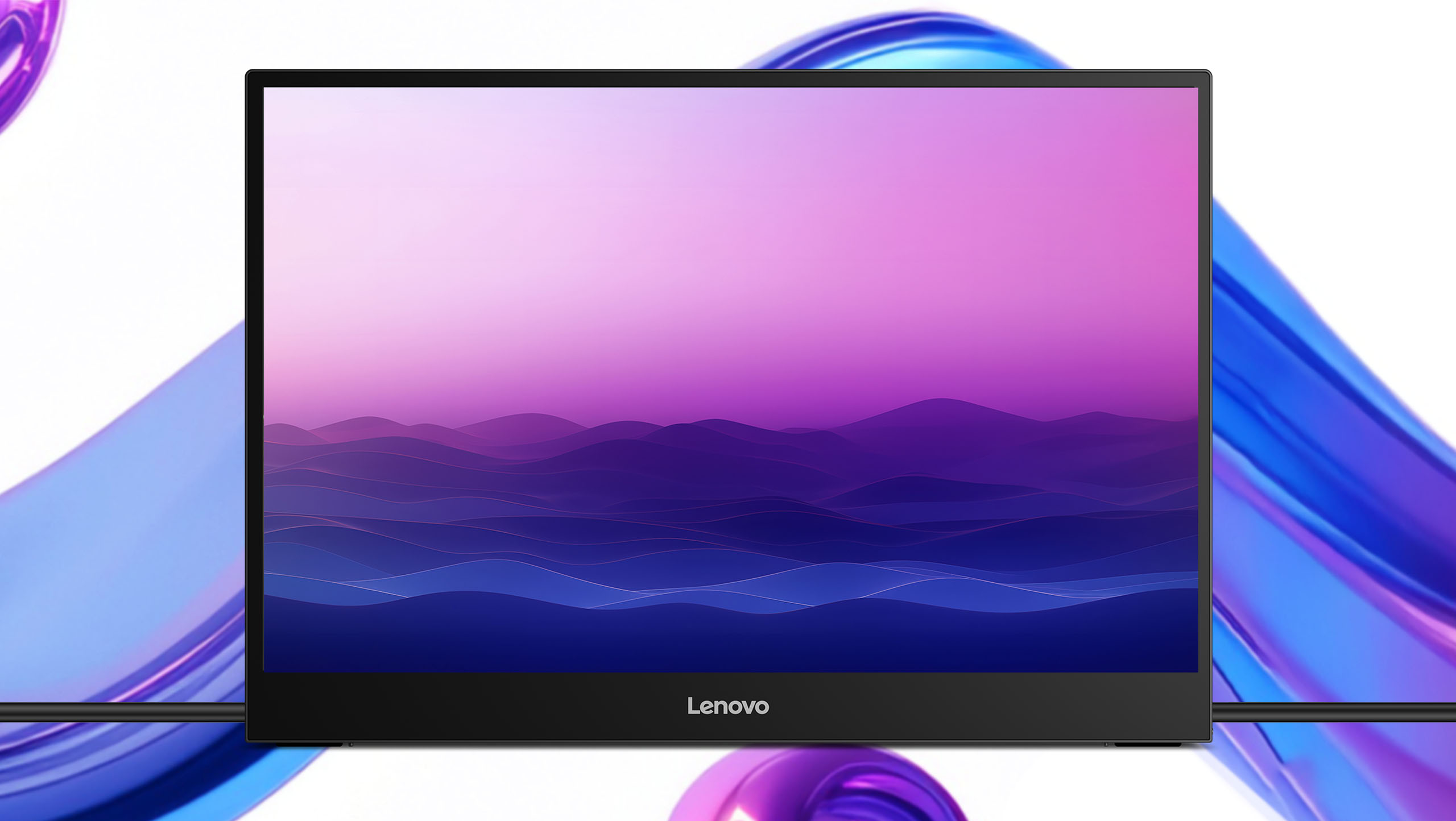 A digital tablet with a sunset gradient screen is centered. Vivid purple and blue swirls surround it. Black cables extend from each side.