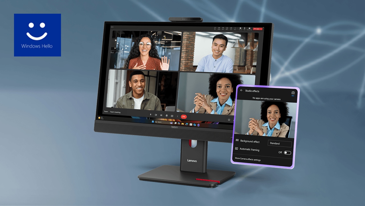 ThinkCentre TIO27 Gen6 monitor displaying a four-person video conference with Windows Hello and camera effects features.