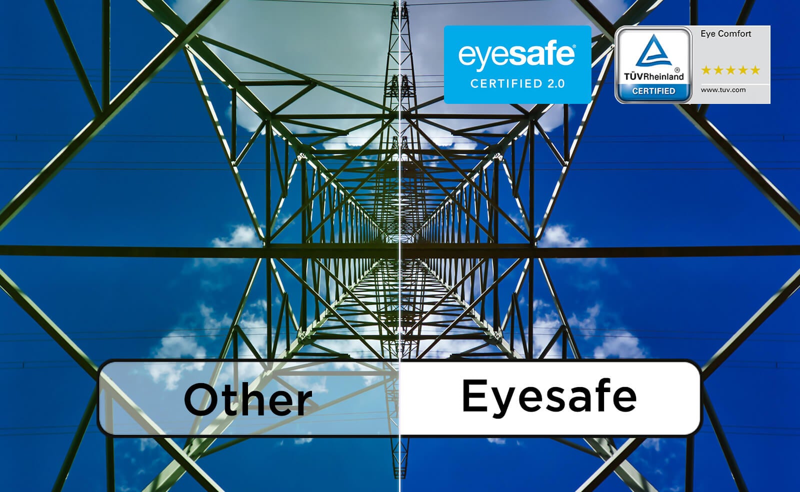 ThinkVision P40wd-40 display with eyesafe certified 2.0 and TÜV rheinland eye comfort, showing clear contrast vs other, for eye-friendly viewing.