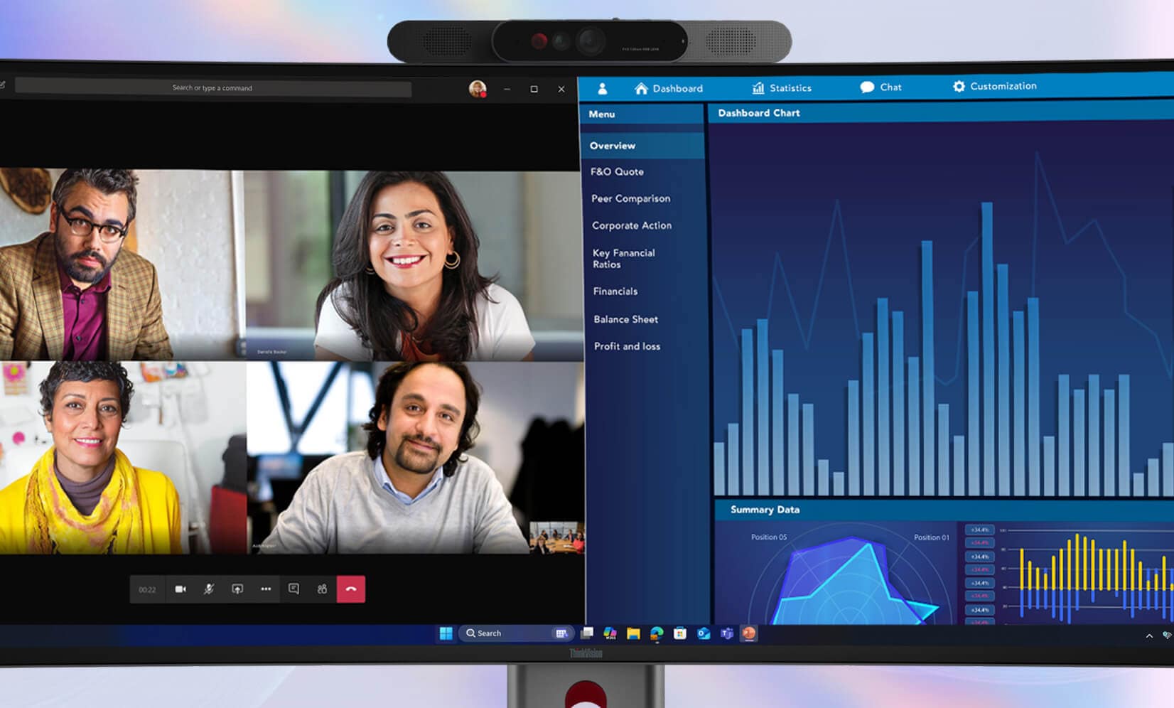ThinkVision P40wd-40 Monitor for video conferencing and data analysis, split screen with meeting and financial dashboards, enhancing productivity.
