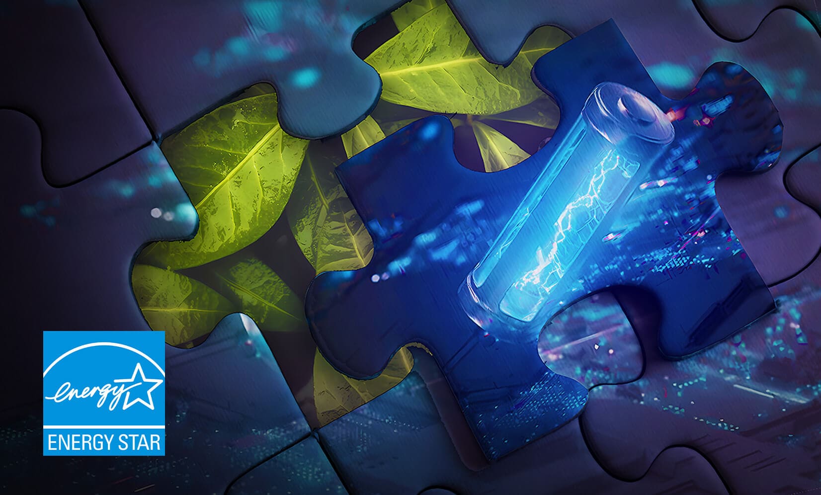 ThinkVision P40wd-40 Monitor with energy star certification, puzzle design with green leaves and energy elements, eco-friendly and energy-efficient.