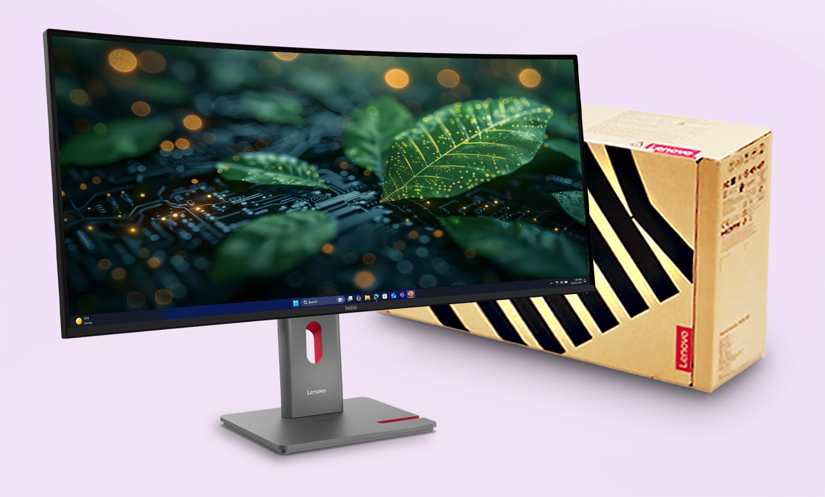 ThinkVision P40wd-40 monitor with eco-friendly design (leaves & circuits), shown with packaging box, delivering vivid visuals.