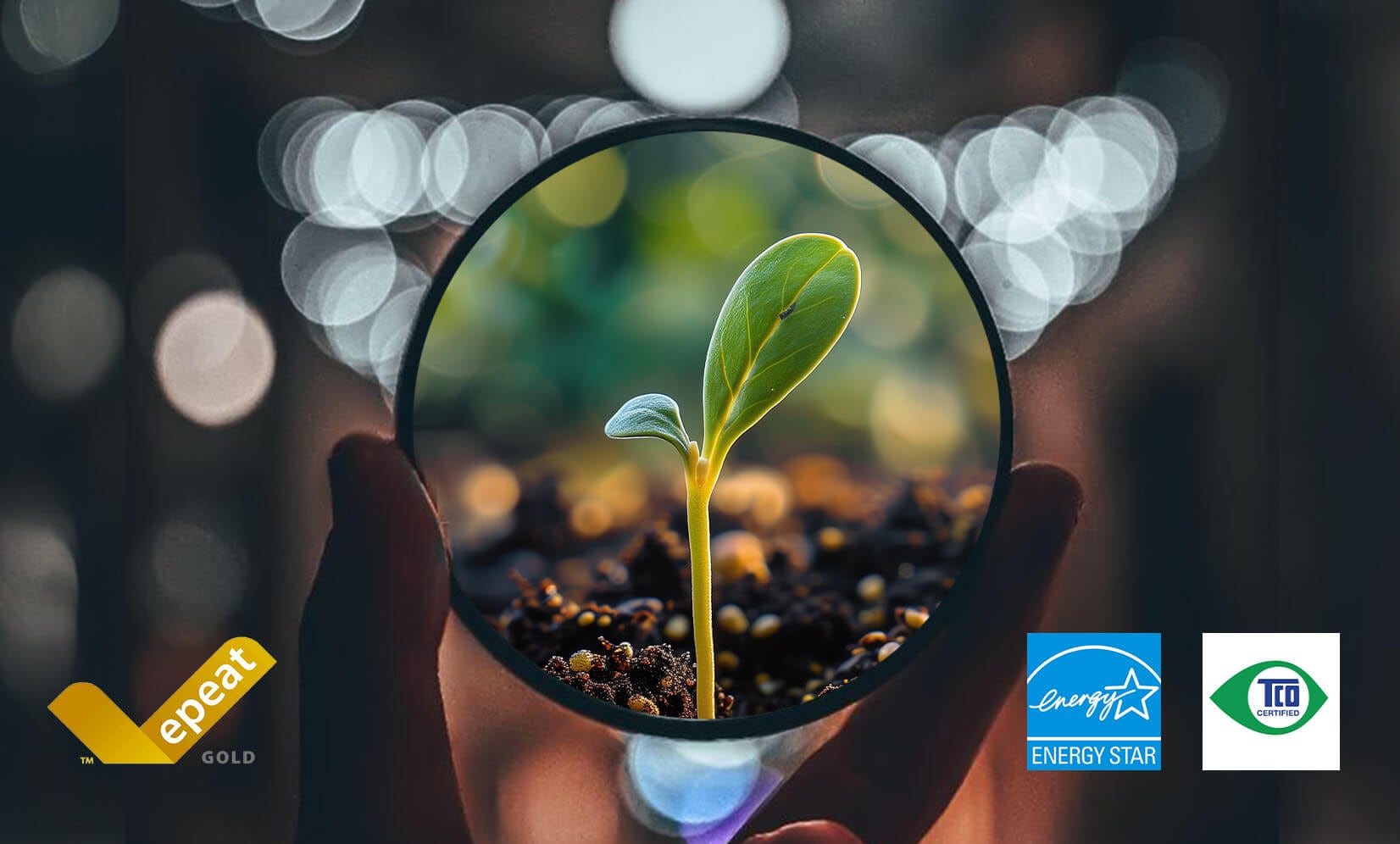 ThinkVision P40wd-40 monitor with epeat gold, energy star, tco certified, eco-friendly design with young plant, emphasizing sustainability.