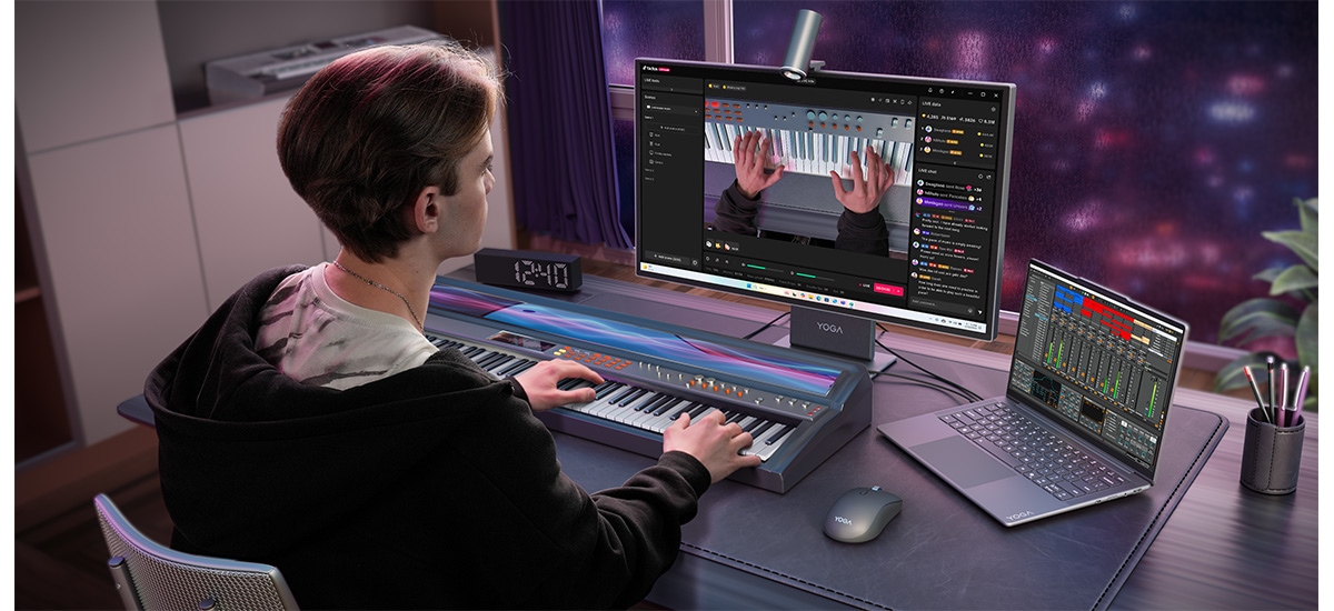 Músico joven grabando en su teclado MIDI