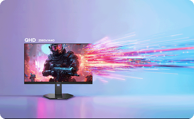The Lenovo Legion-27q-11 monitor shows a sci-fi soldier with colorful light streaks and the text “QHD 2560×1440