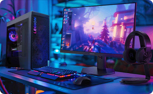 A desktop scene with the Legion-27q-11 monitor, gaming mouse, and keyboard, ready for gaming or productivity tasks  מסך מחשב גיימינג Legion 27Q-11 מבית Lenovo