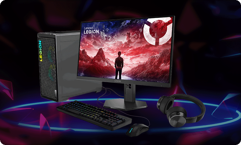 Lenovo Legion gaming desktop setup with legion-27u-10 monitor, RGB keyboard, gaming mouse, and headset, displayed on a futuristic glowing background.