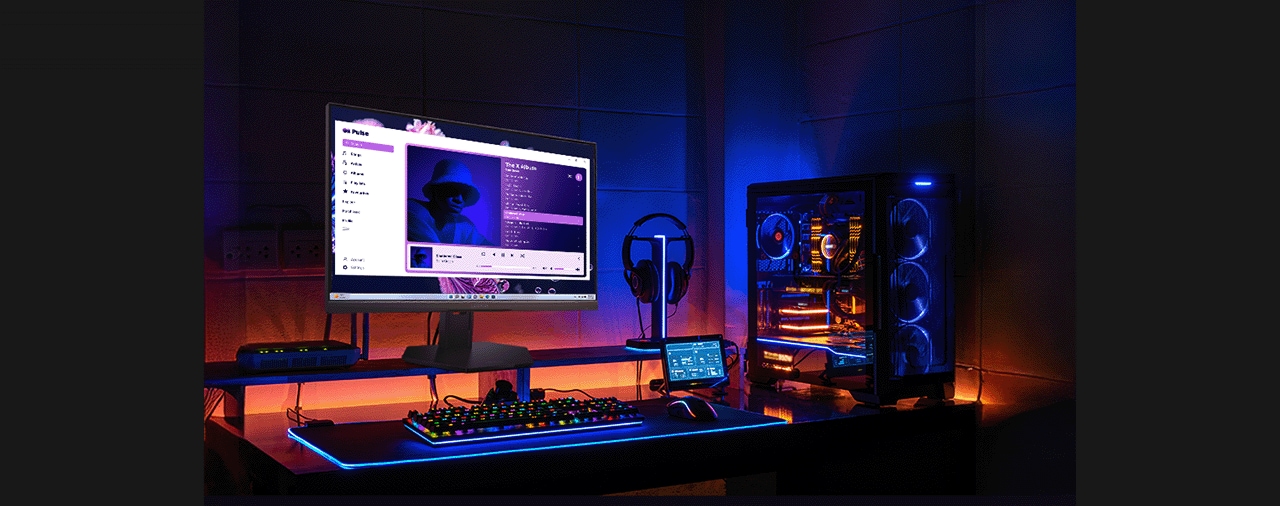 A lifestyle picture shows the monitor legion25-10 is placed in a very atmospheric gaming room illuminated by colorful lights. מסך מחשב גיימינג Legion 25-10 מבית Lenovo
