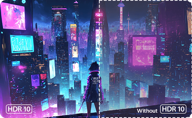 Taking the game scene of a girl standing at a high place and looking down at the colorful night view of a modern city as an example, shows that hdr10 function which can brings striking contrast מסך מחשב גיימינג Legion 25-10 מבית Lenovo