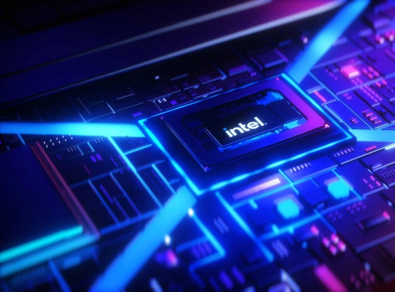 Prim-plan al procesorului Intel sub lumină albastră fluorescentă