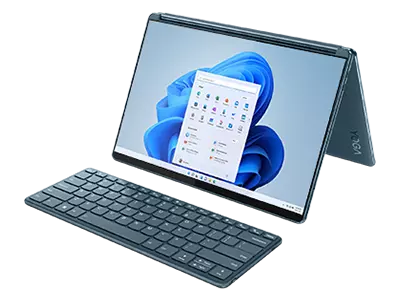 Driekwart hoekaanzicht van naar links gerichte Lenovo Yoga Convertible in tentstand met beeldscherm en afneembaar toetsenbord
