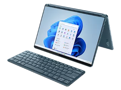 Three-quarter angled view of left-facing tented Lenovo Yoga Convertible showing display and detachable keyboard.