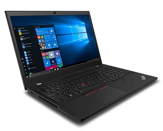Front facing Lenovo ThinkPad T15p Gen 2 mobile workstation angled to show left side ports, keyboard, and screen.