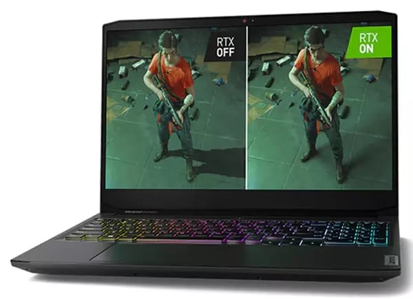 Laptop Lenovo IdeaPad Gaming 3i Gen 6 (Intel de 15 "): vista frontal con la tapa abierta y la pantalla que muestra imágenes una al lado de la otra de un hombre con una pistola y munición, una con" RTX ON "y la otra con" RTX OFF "