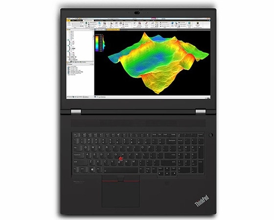 Overhead view of the ThinkPad P17 Gen 2 mobile workstation open 180 degrees, highlighting the lay-flat hinge, keyboard and big, vibrant display.