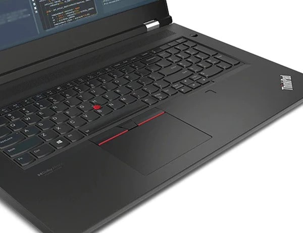 Close-up view of the keyboard of a ThinkPad P17 Gen 2 mobile workstation, including the distinctive TrackPad and TrackPoint used for navigation.