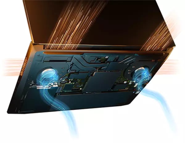 Laptop Lenovo IdeaPad Gaming 3i Gen 6 (Intel de 15 ''): vista de la parte inferior, con gráficos en movimiento que indican el flujo de aire de los ventiladores y a través de las rejillas de ventilación