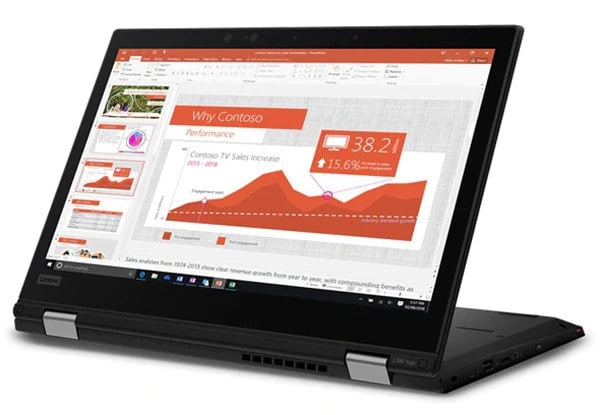Lenovo ThinkPad L390 Yoga - Business 2-in-1 laptop open in presentation mode