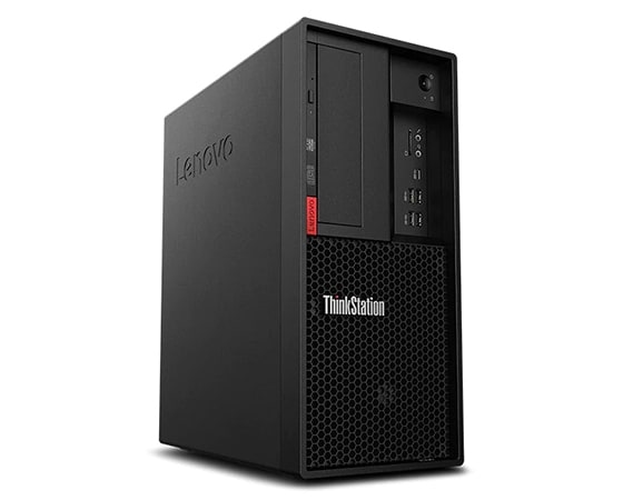 Lenovo ThinkStation P330 Tower, front left side low angle view.