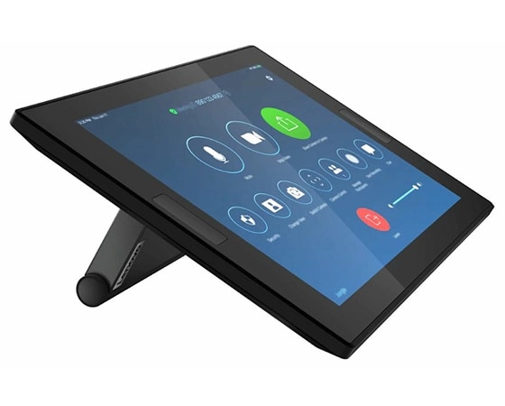 Lenovo ThinkSmart Controller 10.1 inch display for Zoom Rooms angled to show left side and stand.