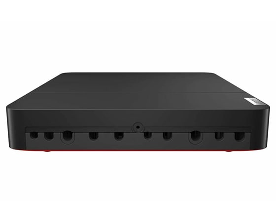 Overhead shot of Lenovo ThinkSmart Core computing device showing cable-management with closed cover on ports.