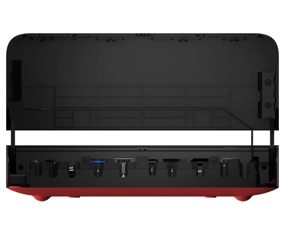Vue arrière du périphérique informatique Lenovo ThinkSmart Core montrant les ports avec le couvercle ouvert.