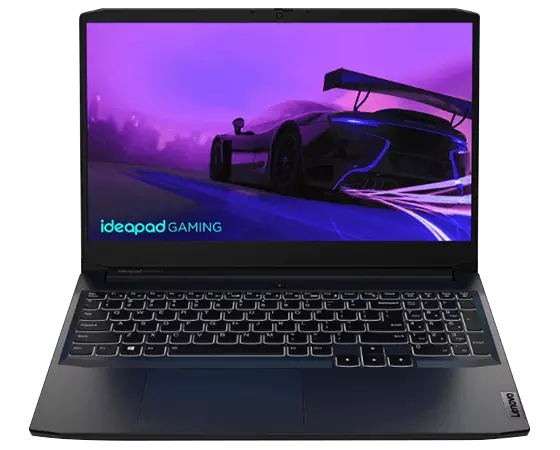 Portátil Lenovo IdeaPad Gaming 3i de 6.ª generación (38,1 cm [15&#039;&#039;], Intel): vista frontal con la tapa abierta e imagen de un coche de carreras en la pantalla