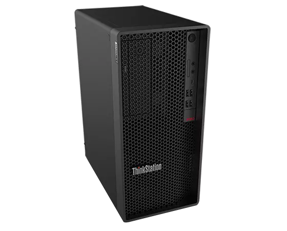 Lenovo ThinkStation P350 Tower workstation—front view, ¾ left-front view from top