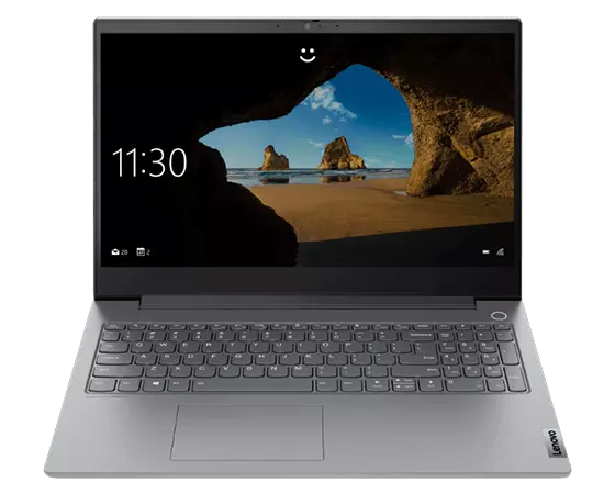 Vue avant du portable Lenovo ThinkBook 15p Gen 2 montrant l’écran de verrouillage Windows et le clavier.
