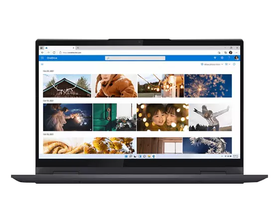 Lenovo Yoga 7 (14'' AMD),  front view, open in laptop mode, showing FHD display.