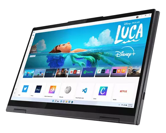 Lenovo Yoga 7 (14'' AMD), side view, in tablet mode, showing FHD display.